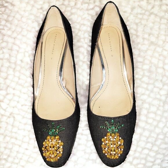 Zara gray blue denim gems PINEAPPLE chunky heels pumps - Picture 4 of 6